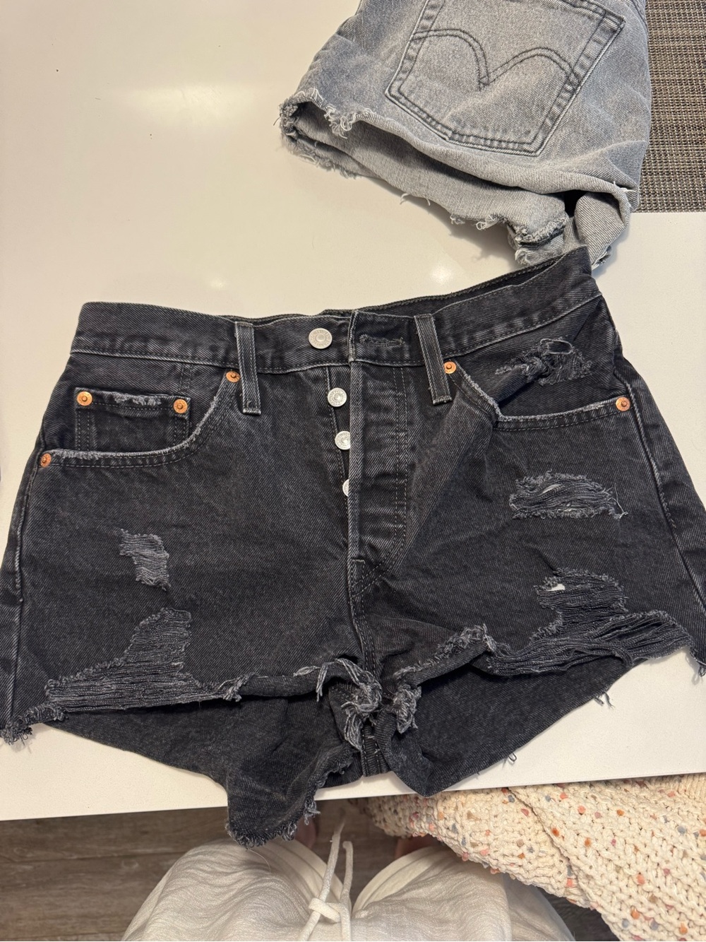 Levi's Black Distressed High-Rise Denim Shorts